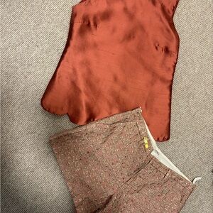 Miu Miu Rust Satin Scalloped Edge Top with Patterned Rust Shorts